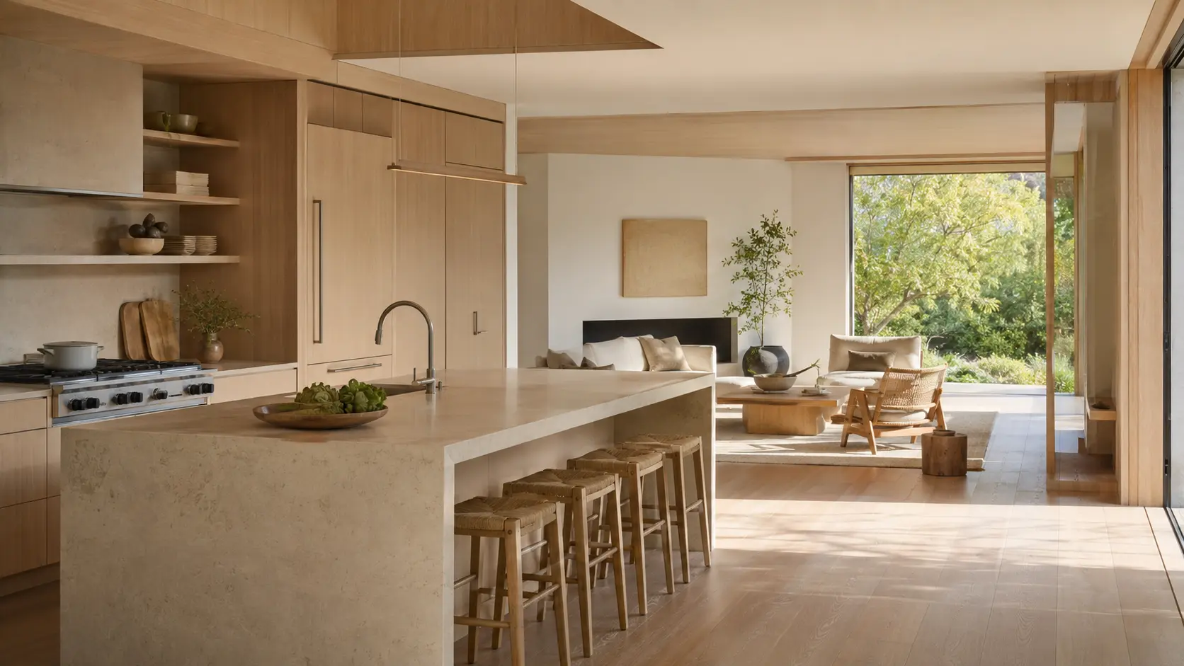 Warm contemporary kitchen with custom cabinetry and island